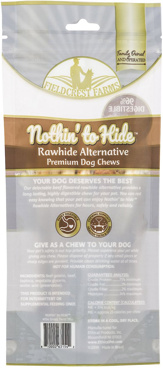 Fieldcrest Farms Nothin' To Hide Rawhide Alternative Premium Dog Chews Small Twist Stix Beef Flavor Natural Chew Dog Treats， 10 count