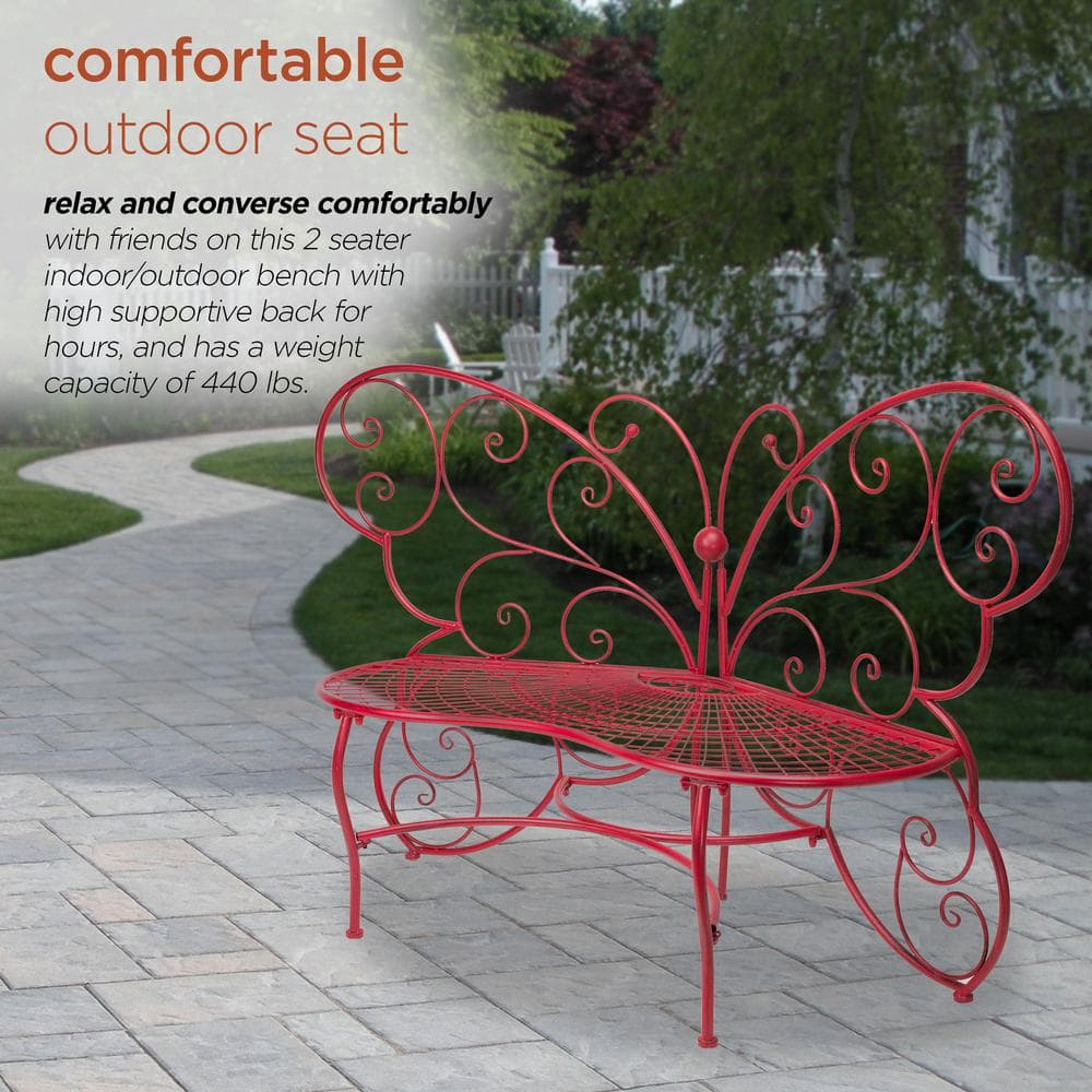 Alpine Corporation 61 in. x 26 in. Outdoor 2 Person Metal Butterfly Shaped Garden Bench, Red BAZ400RD