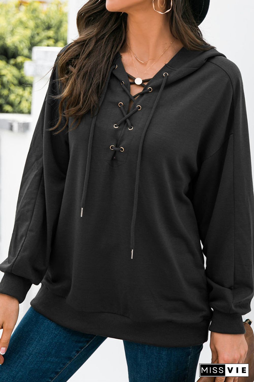 Drop Shoulder Criss-cross Hoodie Wholesale