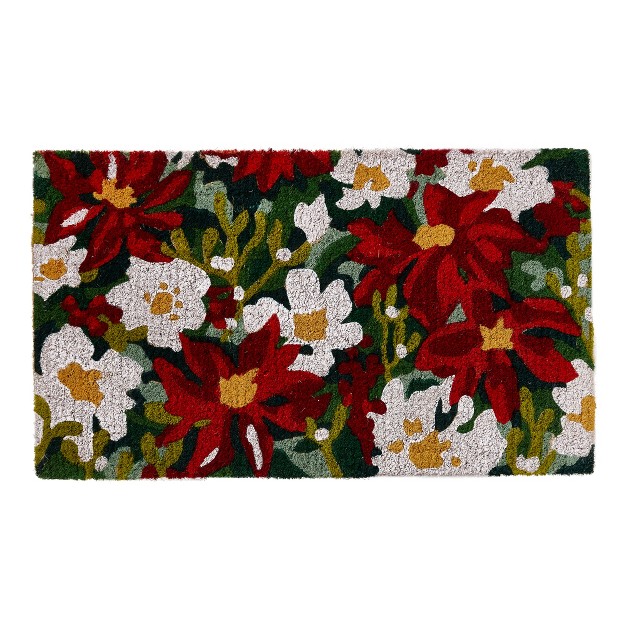 Red And White Poinsettia Flowers Rectangle Indoor And Outdoor Coir Door Welcome Mat Green Background