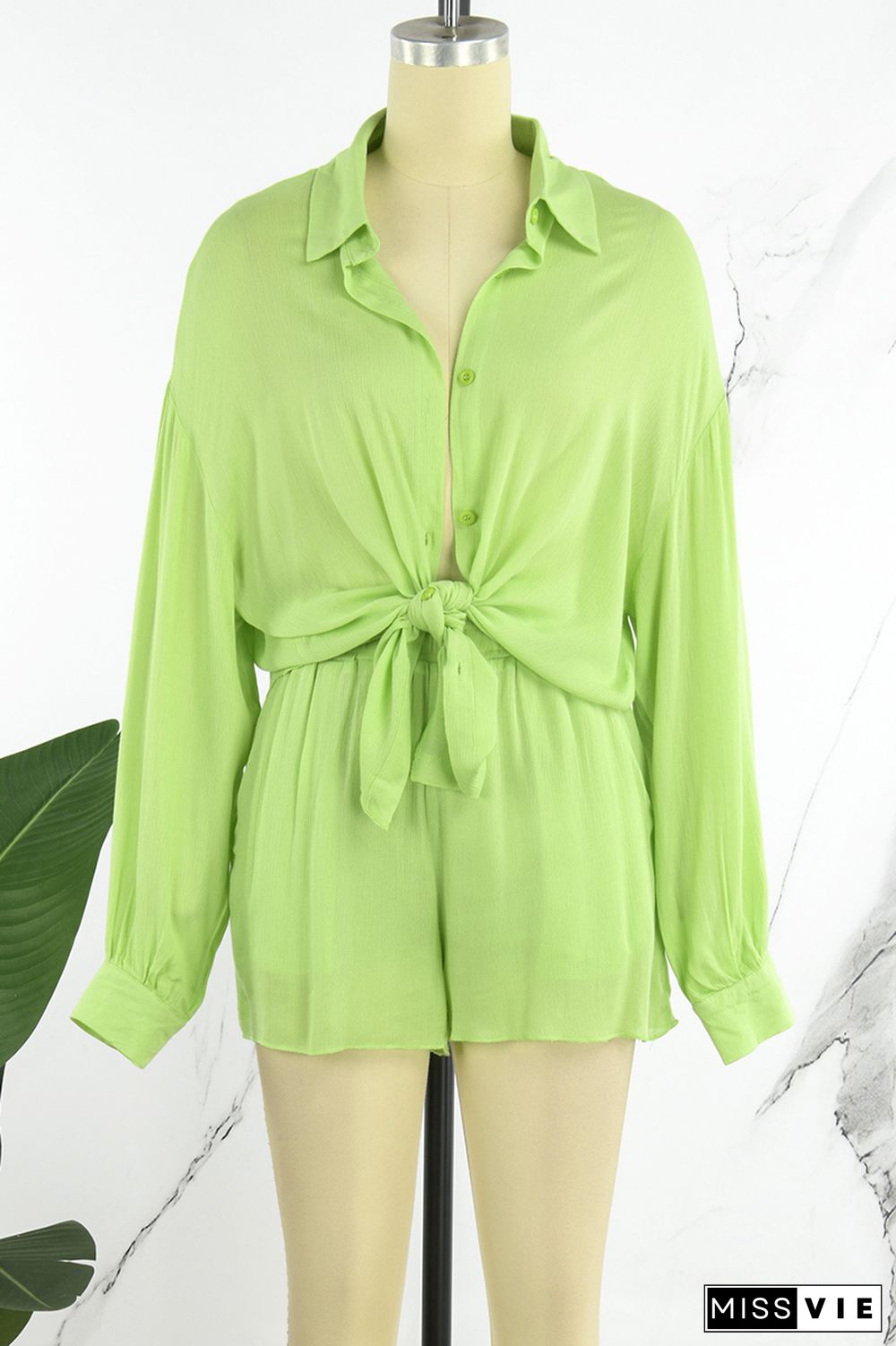 Green Yellow Casual Solid Patchwork Shirt Collar Long Sleeve Two Pieces