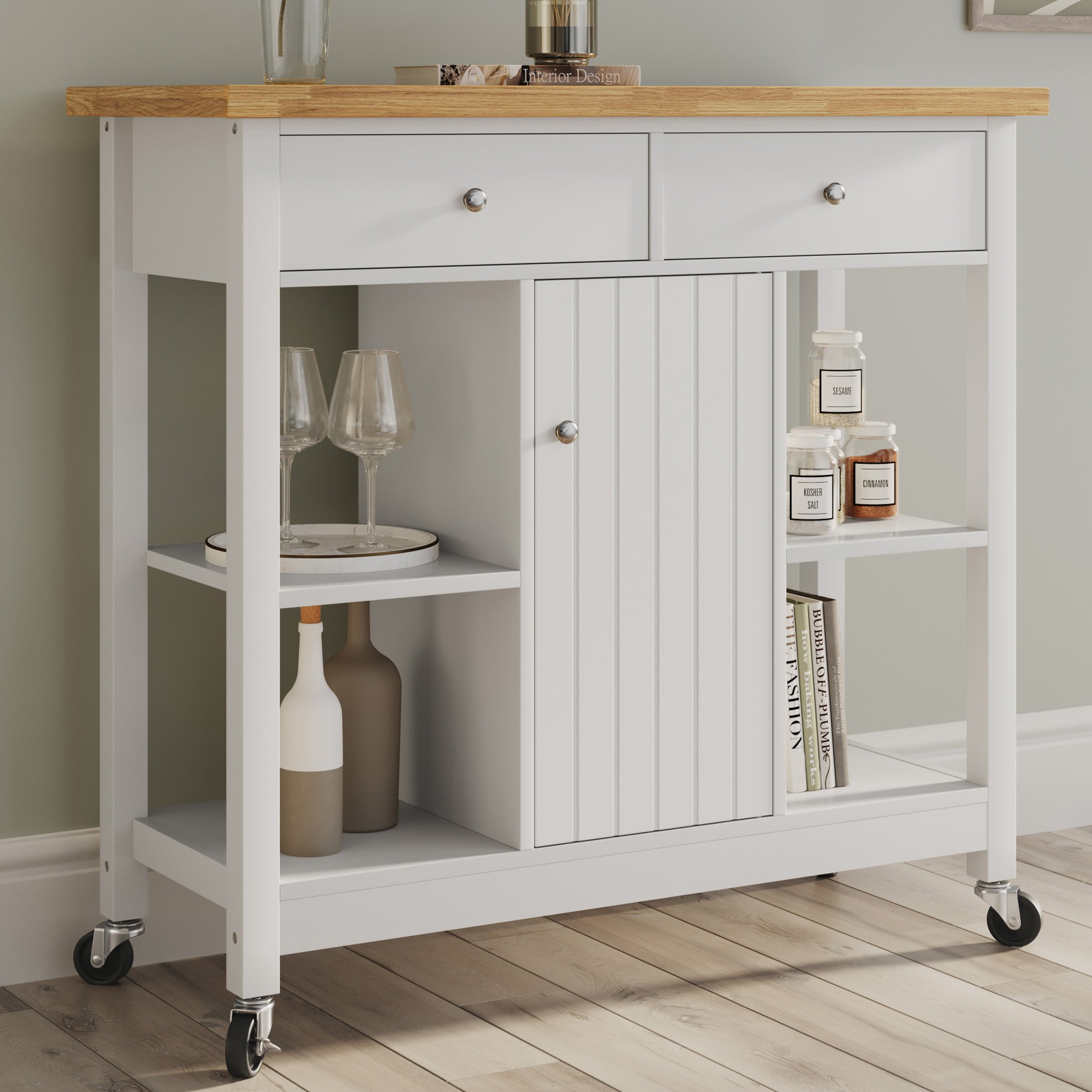 Lavish Home Kitchen Island Rolling Cart with Drawers and Casters， White