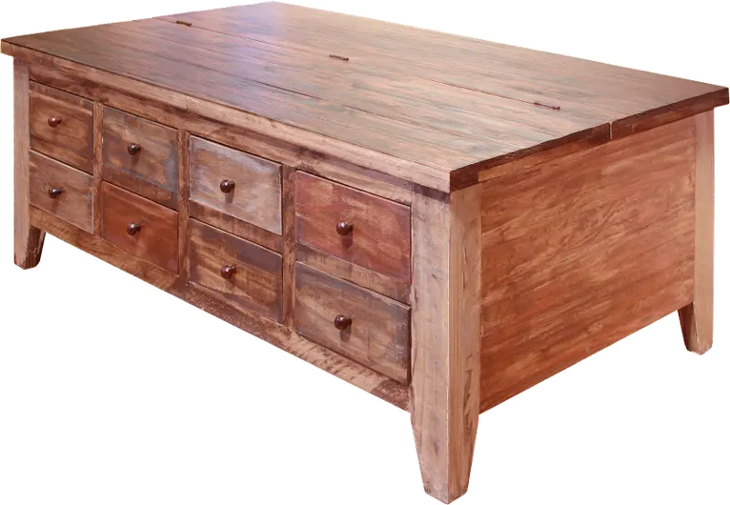 Antique Rustic 8 Drawer Pine Lift Top Coffee Table