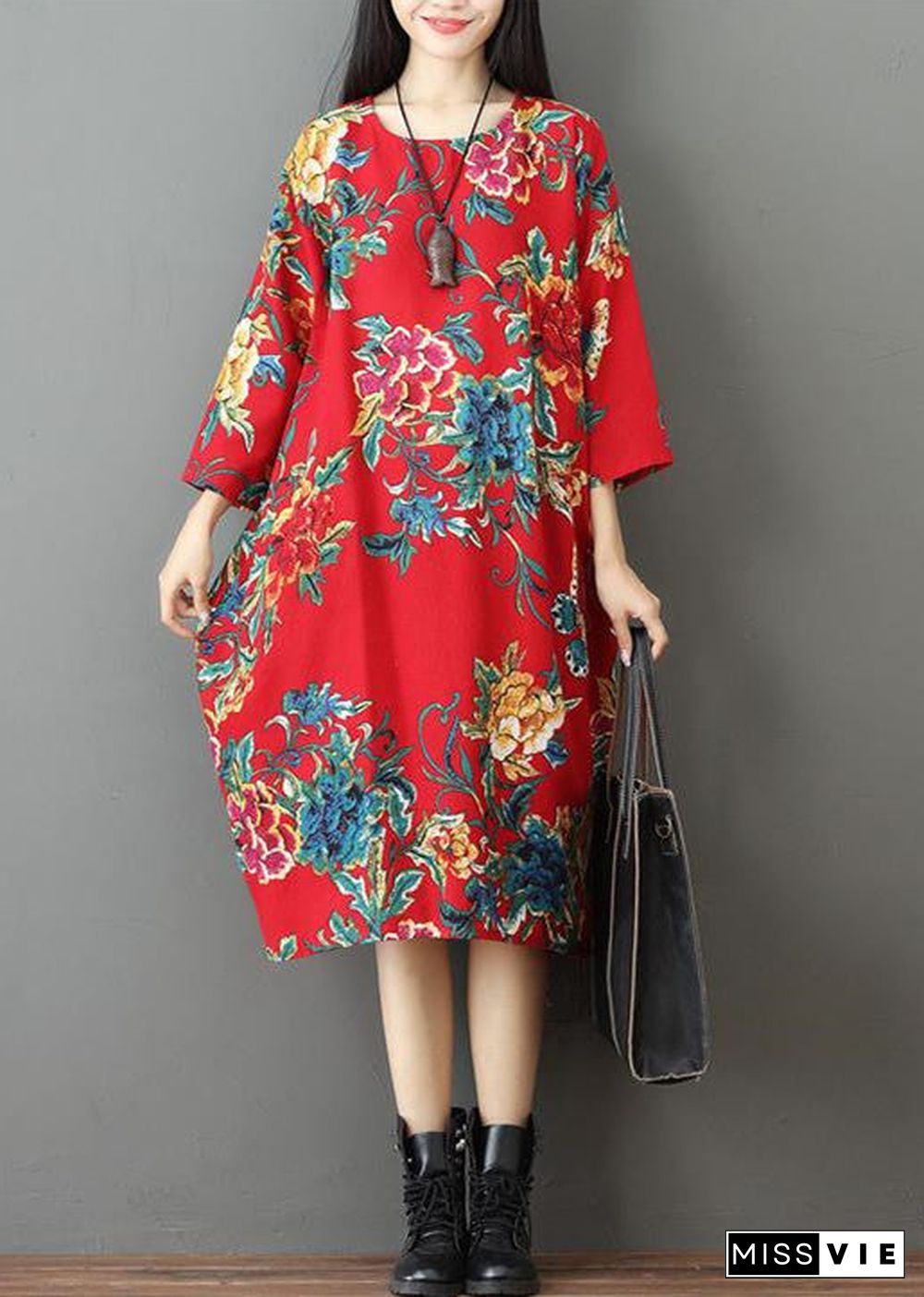 fine red prints Midi-length linen dress trendy plus size holiday o neck linen cotton dress