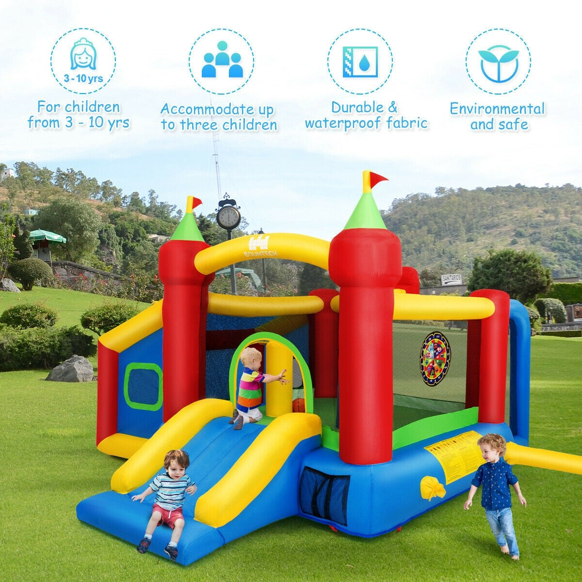 Costzon Inflatable Bounce House, 7-in-1 Jump and Slide Bouncer w/ Basketball Rim(Without Blower)