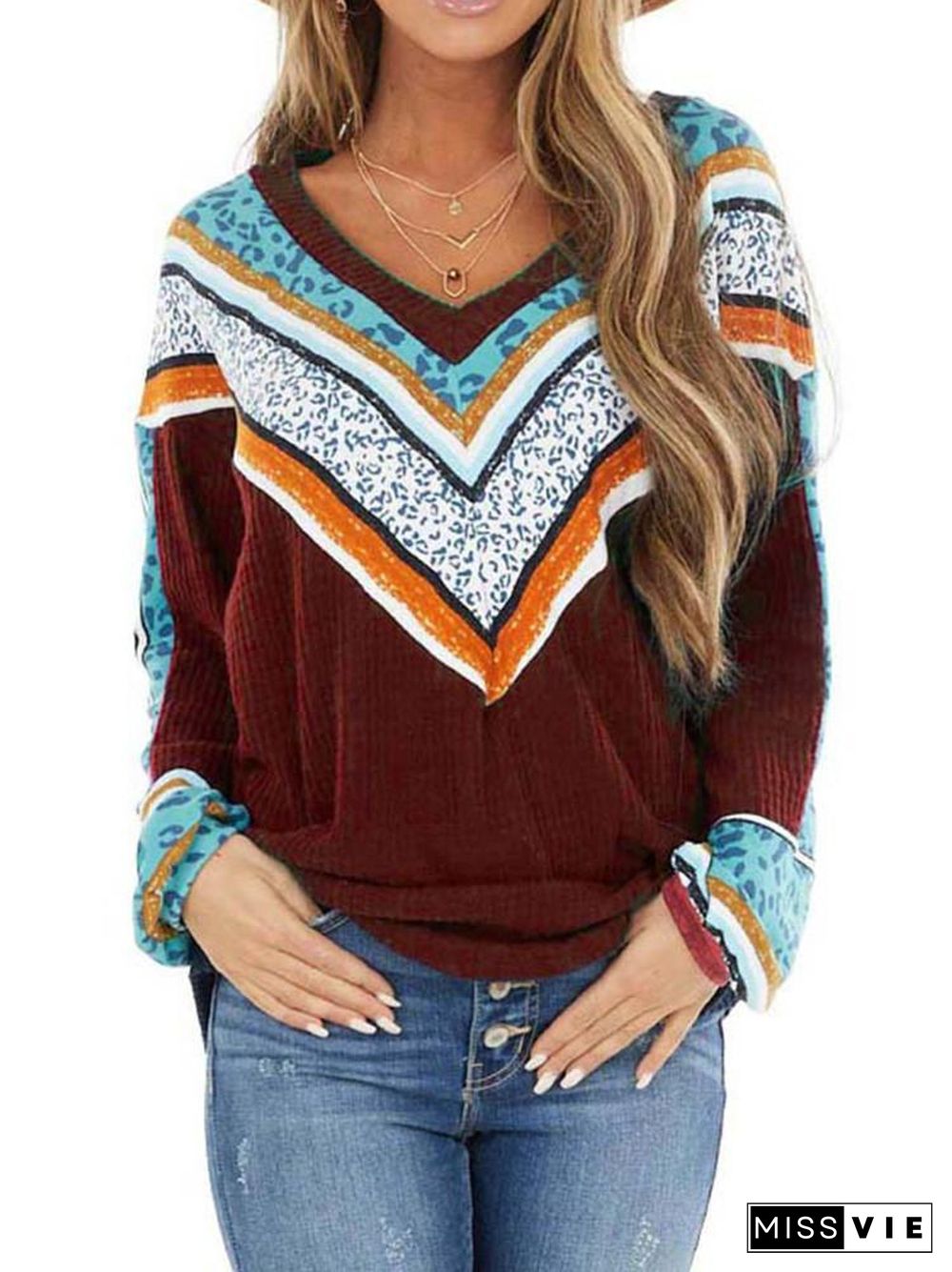 V-Neck Chevron Detail Long Sleeve T-Shirt