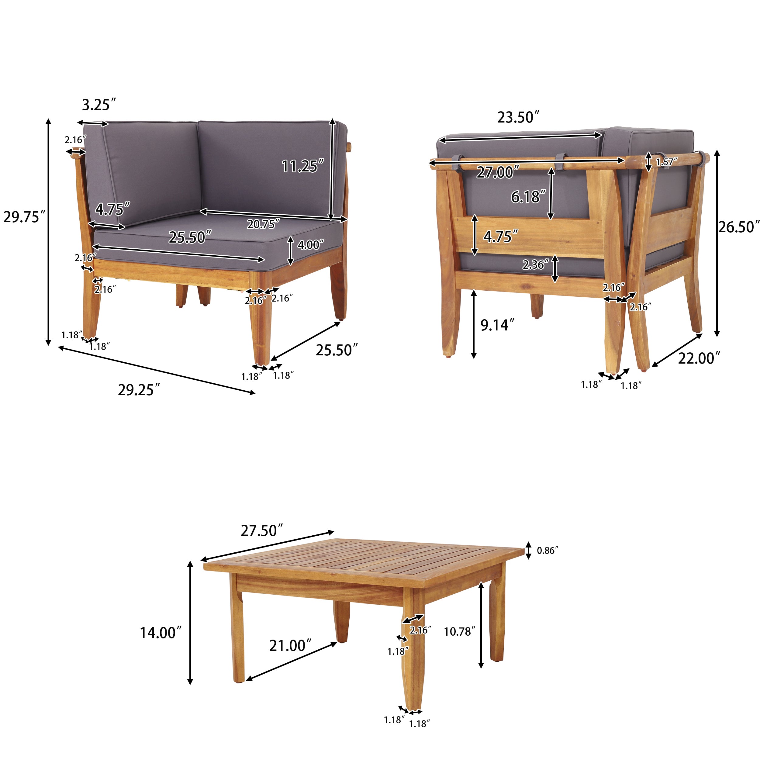 Bianca Outdoor Mid-Century Modern Acacia Wood 5 Seater Sectional Chat Set with Cushions, Teak and Dark Gray