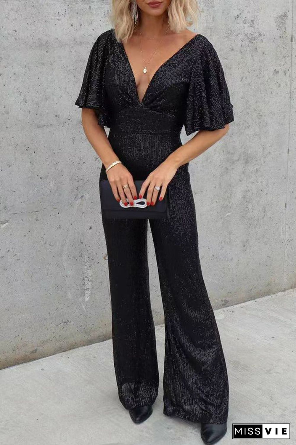 Casual Simplicity Solid Sequins V Neck Regular Jumpsuits