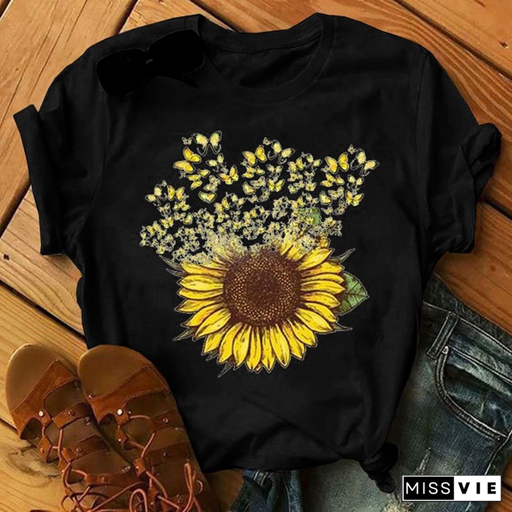 New Fashion Butterfly Sunflower Printed T-shirt for Women Graphic Tee Shirt Ladies Summer Casual Short Sleeve Tee Tops Clothes