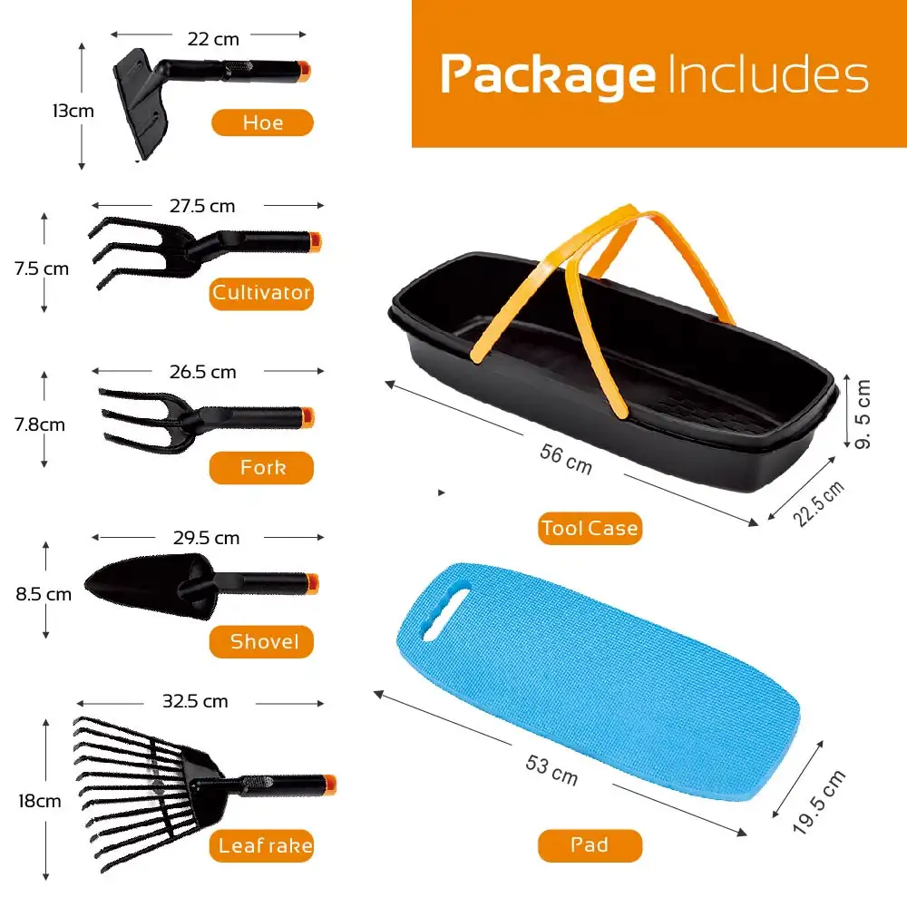 Garden Hand Tool Set  Shovel Cultivator Fork Hoe Leaf Rake Knee Pad