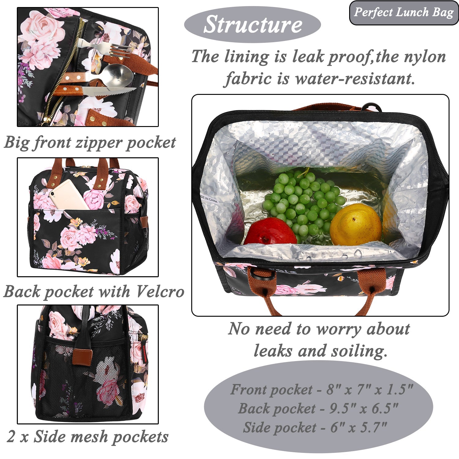 LOKASS Lunch Bag Insulated Wide-Open Lunch Box, Large Drinks Holder Durable Nylon Snacks Organizer with Removable Shoulder Strap for Women Men Adult Kids, Strap/Peony Black