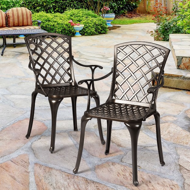 Costway Outdoor Cast Aluminum Arm Dining Chairs Set Of 2 Patio Bistro Chairs Brown