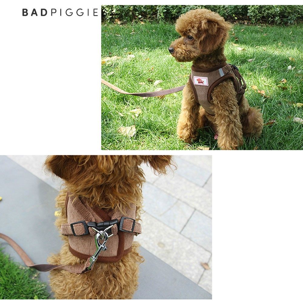 BadPiggies Universal Puppy Cat Dog Harness with Leash Set Escape Proof Adjustable Reflective Mesh Corduroy Harnesses (XL， Coffee)