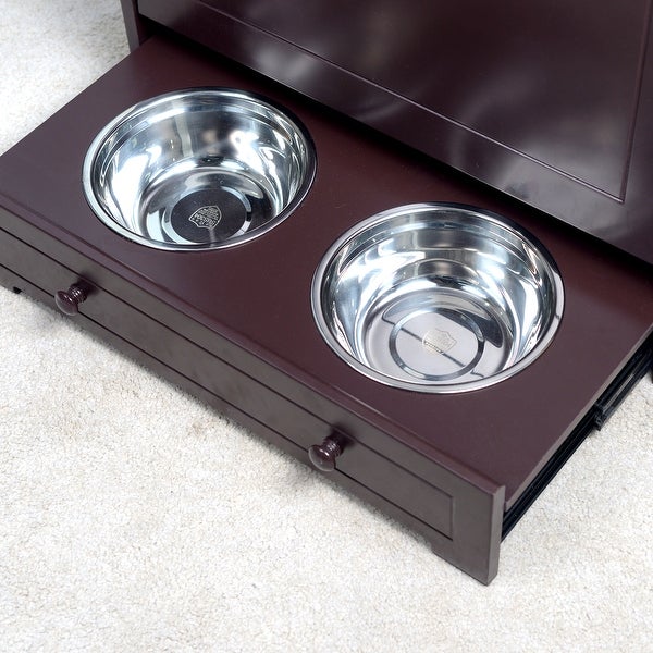 Pet Feeder Station Cabinet End Table with Storage， Stainless Bowl