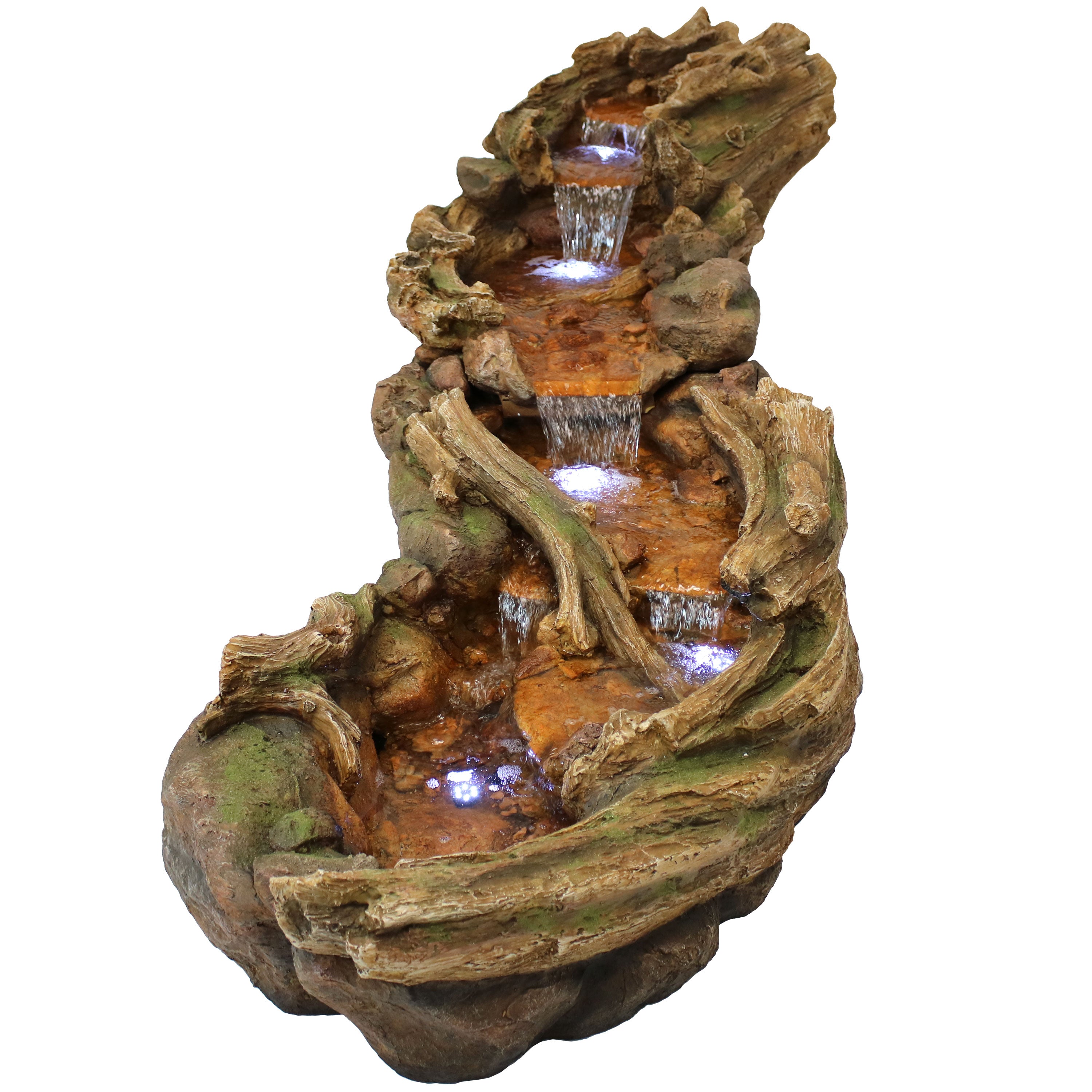 Sunnydaze 8 Foot Long Electric Polyresin Flowing Driftwood Falls Waterfall Outdoor Water Fountain with LED Lights