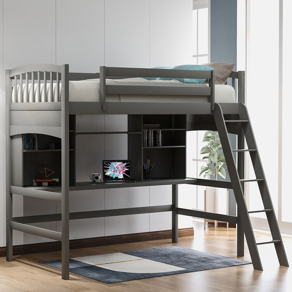 Multifunctional Design Twin size Loft Bed with Storage Shelves  Desk and Ladder