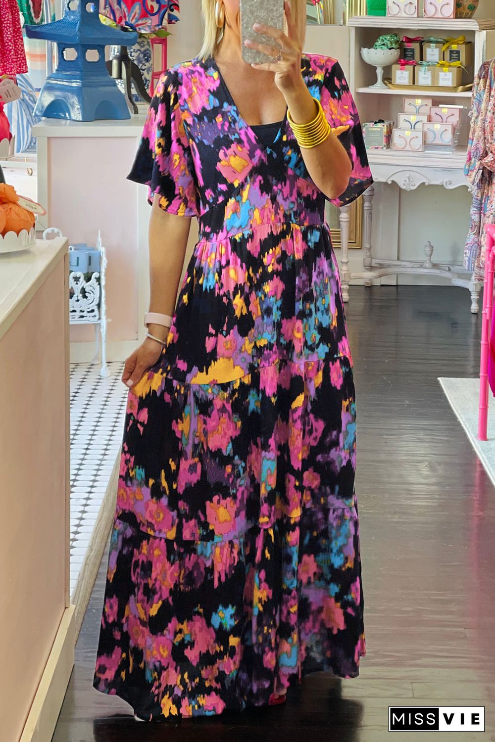 Black Abstract Floral Pattern Flutter Sleeve Tiered Maxi Dress