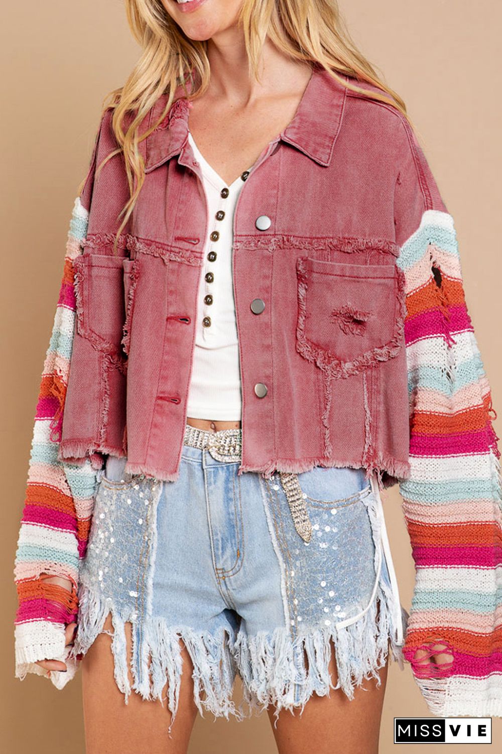 Rainbow Knitting Sleeve Patchwork Ripped Denim Jacket