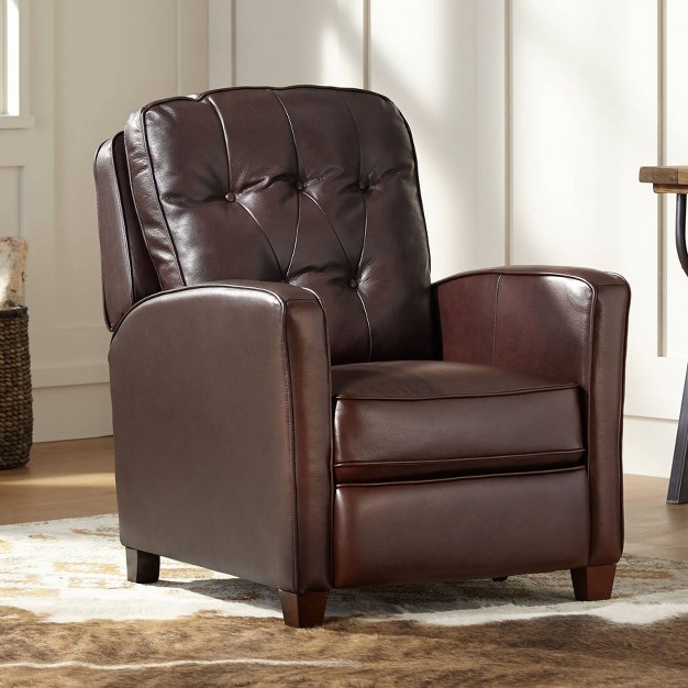 Elm Lane Livorno Chocolate Genuine Leather Recliner Chair Modern Armchair Comfortable Push Manual Reclining Footrest Tufted For Bedroom Living Room