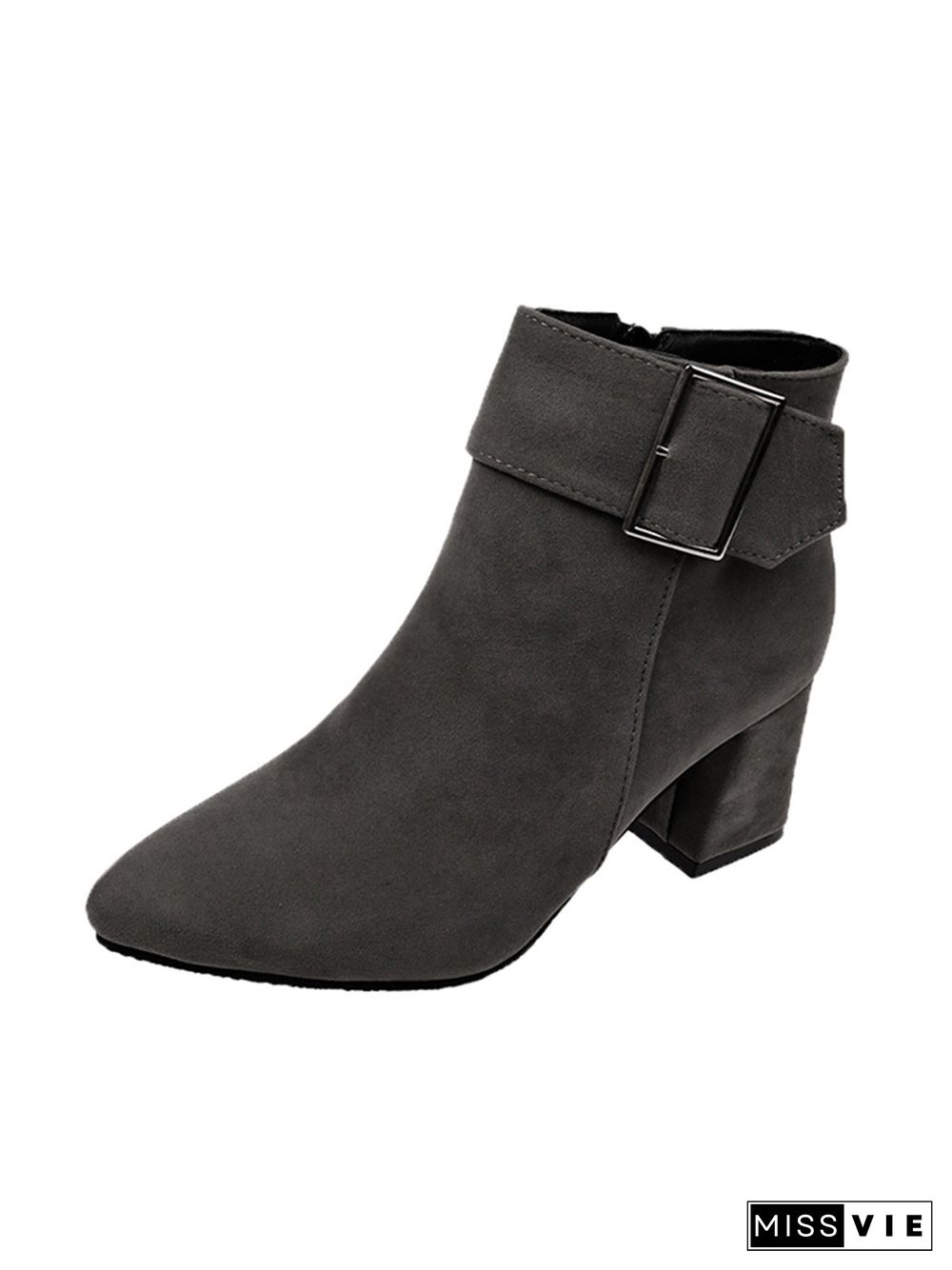 Chunky Heel Buckle Pointed-Toe Suede Martin Boots