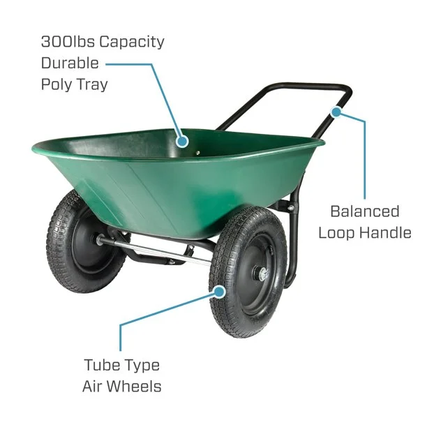 Garden Star Dual Wheel， Poly Tray Yard Rover Wheelbarrow， Green