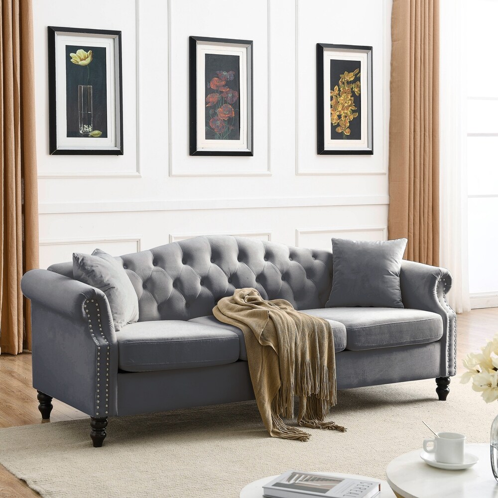 Velvet Upholstered Chesterfield Sofa Set w/Nailhead Tufted Back Sectional Sofa Set w/Flared Arms for Livingroom