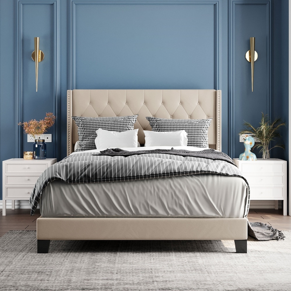 Elegant Design Queen Size Upholstered Platform Bed with Classic Linen Fabric Button Tufted Headboard  Box Spring Needed