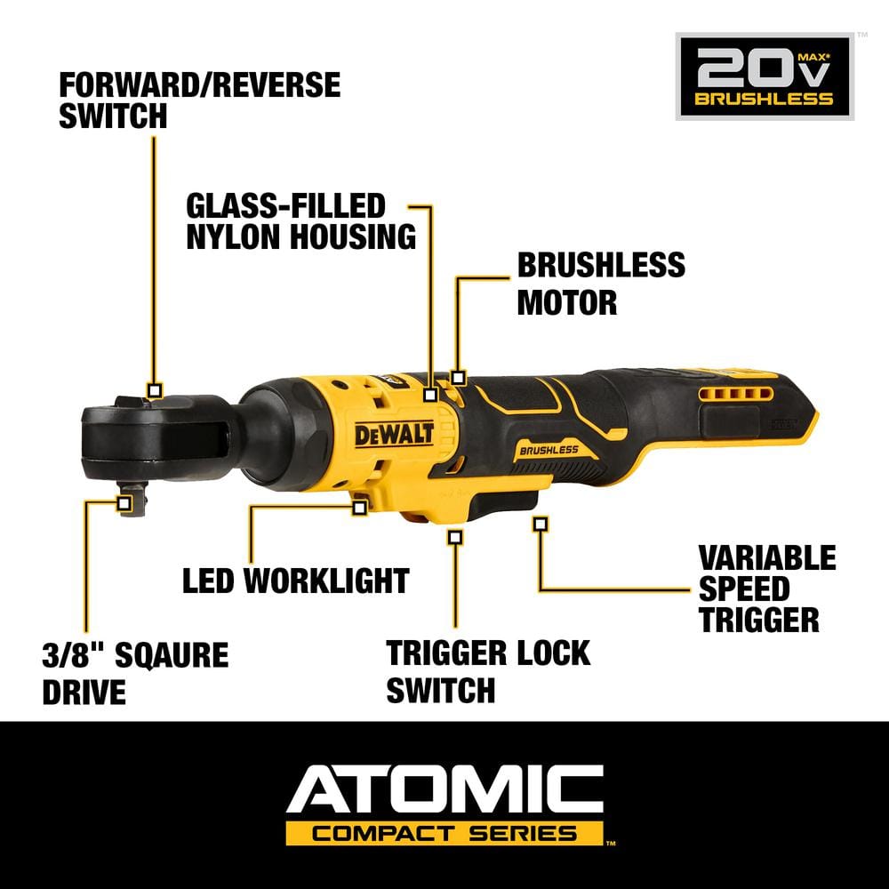 DEWALT ATOMIC 20V MAX Cordless 3/8 in. Ratchet (Tool Only) DCF513B