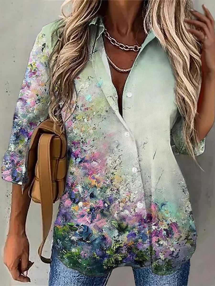 Fashion Floral Print Lapel Long Sleeve Shirt