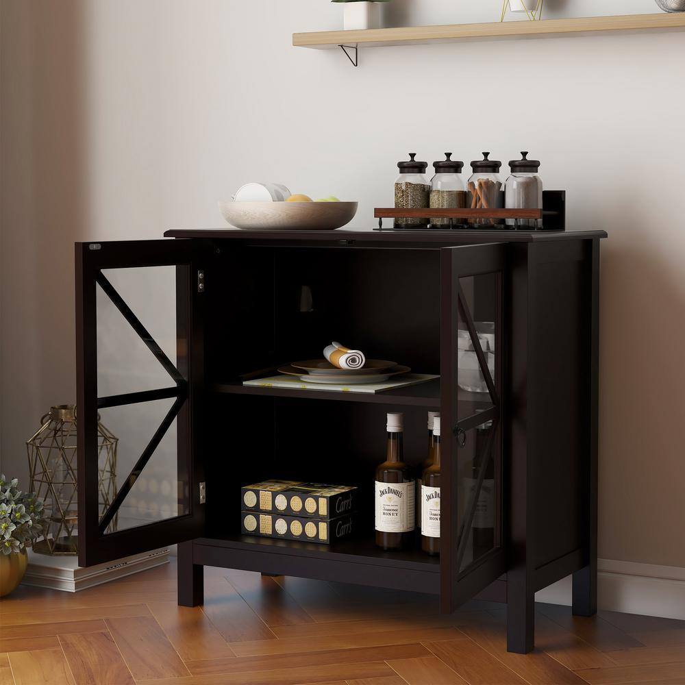 Brown Wood 31.5 in. Kitchen Island Cabinet with Double Glass Doors with Brushed Nickel Knobs and Square Tapered Legs W-MAD-85