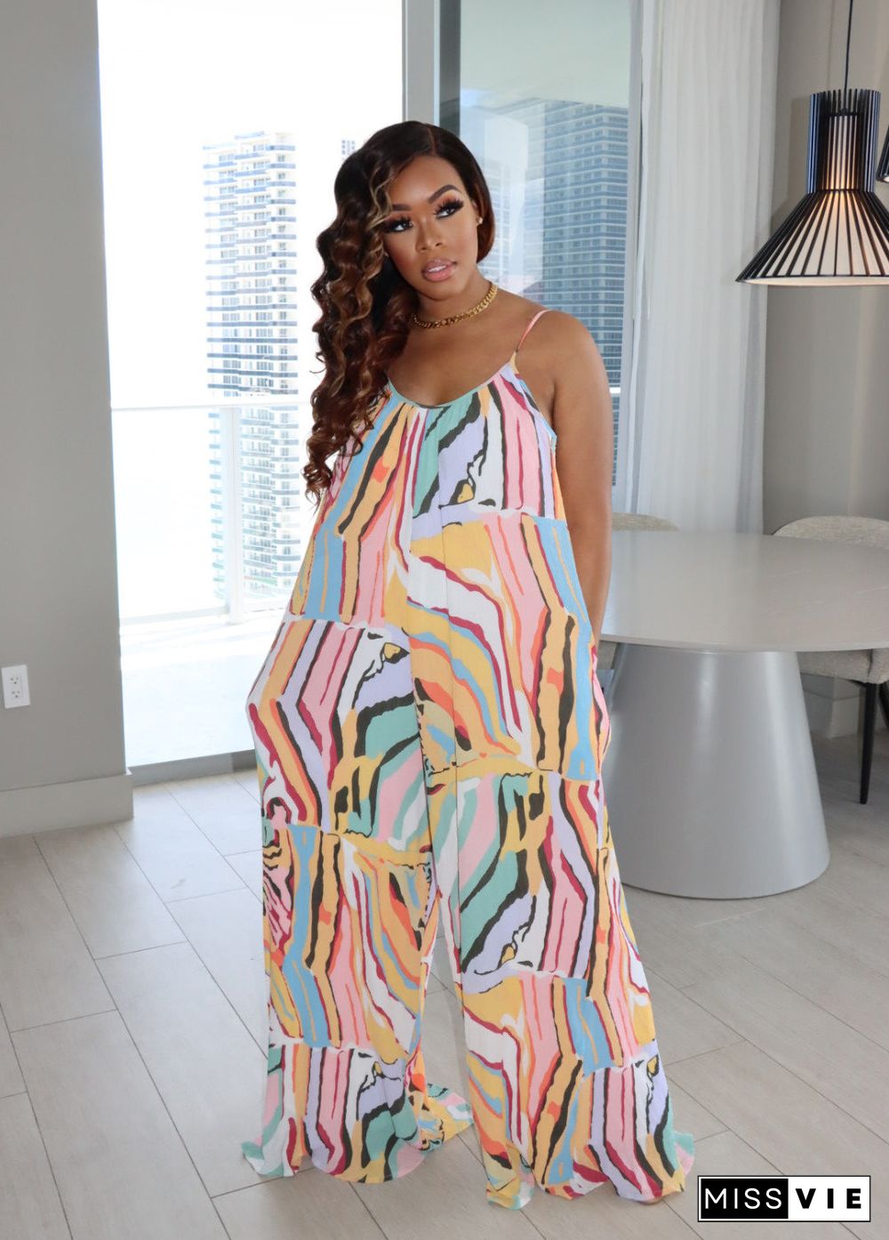 Abstract Print Sleeveless Strap Loose Wide Leg Jumpsuit