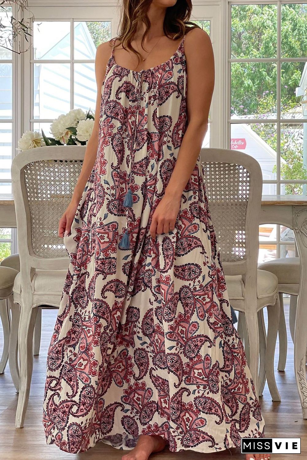 White Boho Paisley Print Spaghetti Straps Maxi Dress