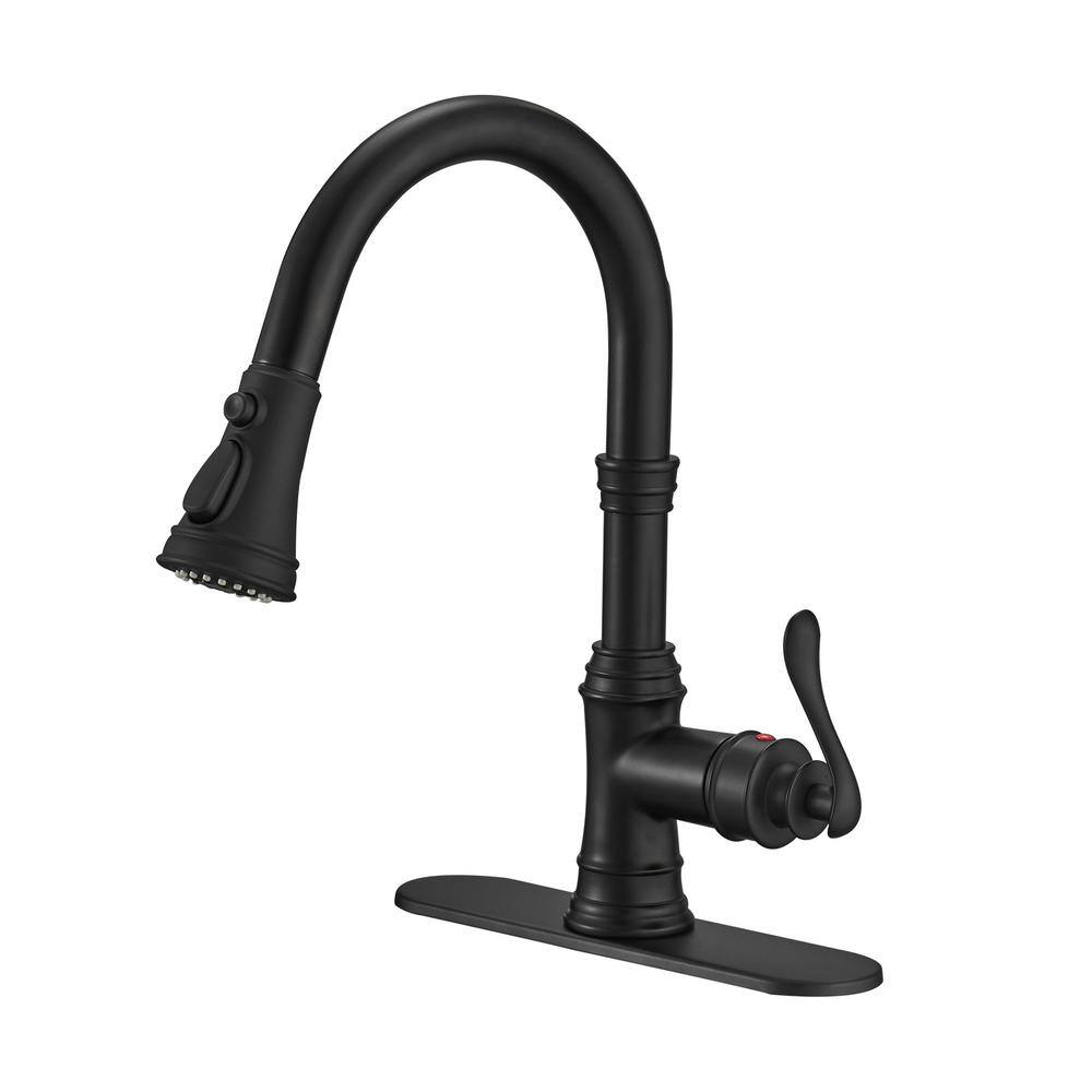 BWE Single-Handle Pull-Down Sprayer 3 Spray High Arc Kitchen Faucet With Deck Plate in Matte Black A-94551-Black