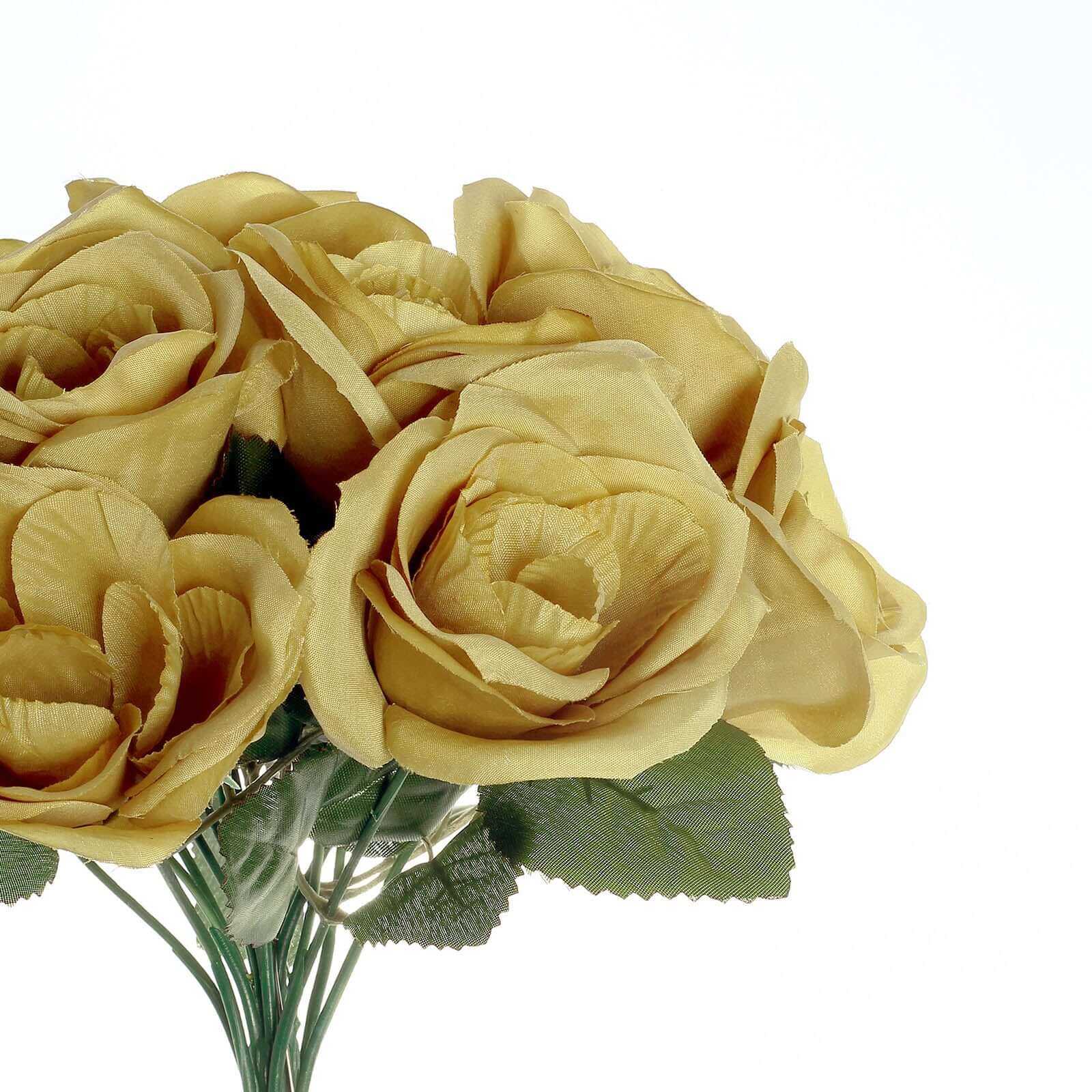 Gold Artificial Velvet-Like Fabric Rose Flower Bouquet Bush 12