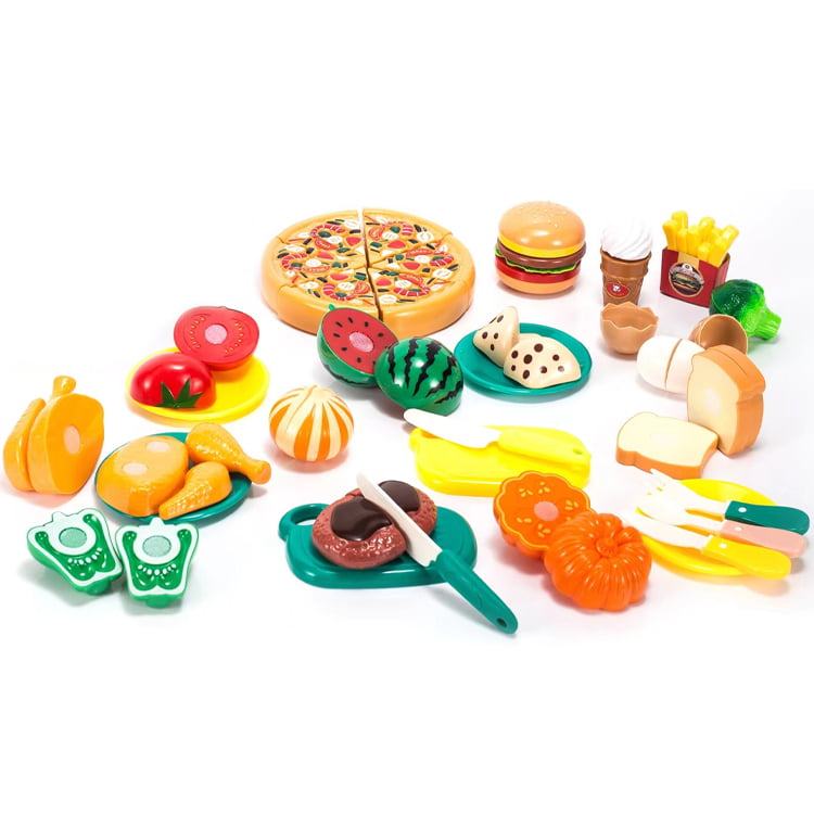 Cutting Food Play Set toys with basket, for Kids Pretend Kitchen Toys Cutting Fruits Vegetables, Pizza, Hamburger 26 Pieces and accessories for +3 Years Girls and Boys.