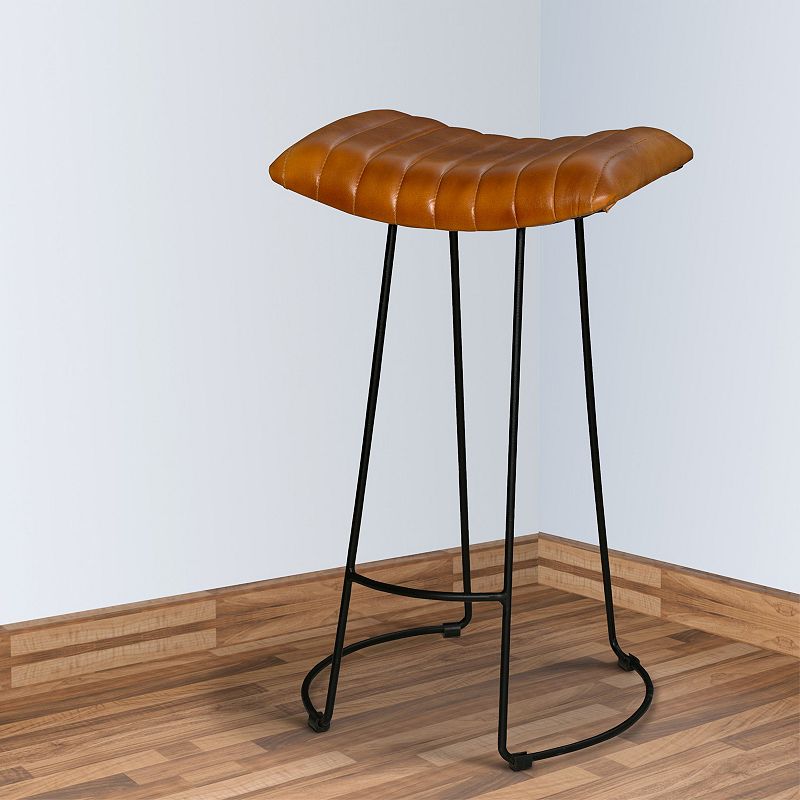 30 Inch Barstool with Curved Genuine Leather Seat and Tubular Frame， Tan Brown and Black