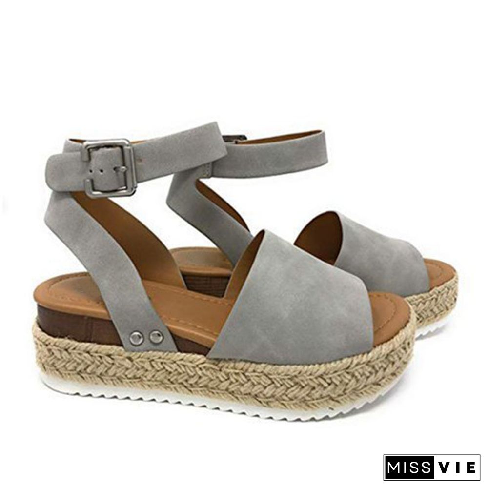 Linen Platform Buckle Ankle Strap Sandals