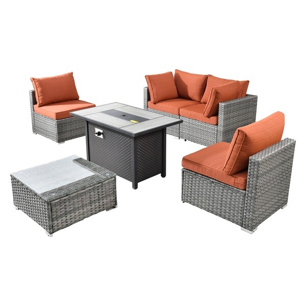 XIZZI Patio Furniture Set 6 Pieces Outdoor Sectional Rattan Sofa with Firepit