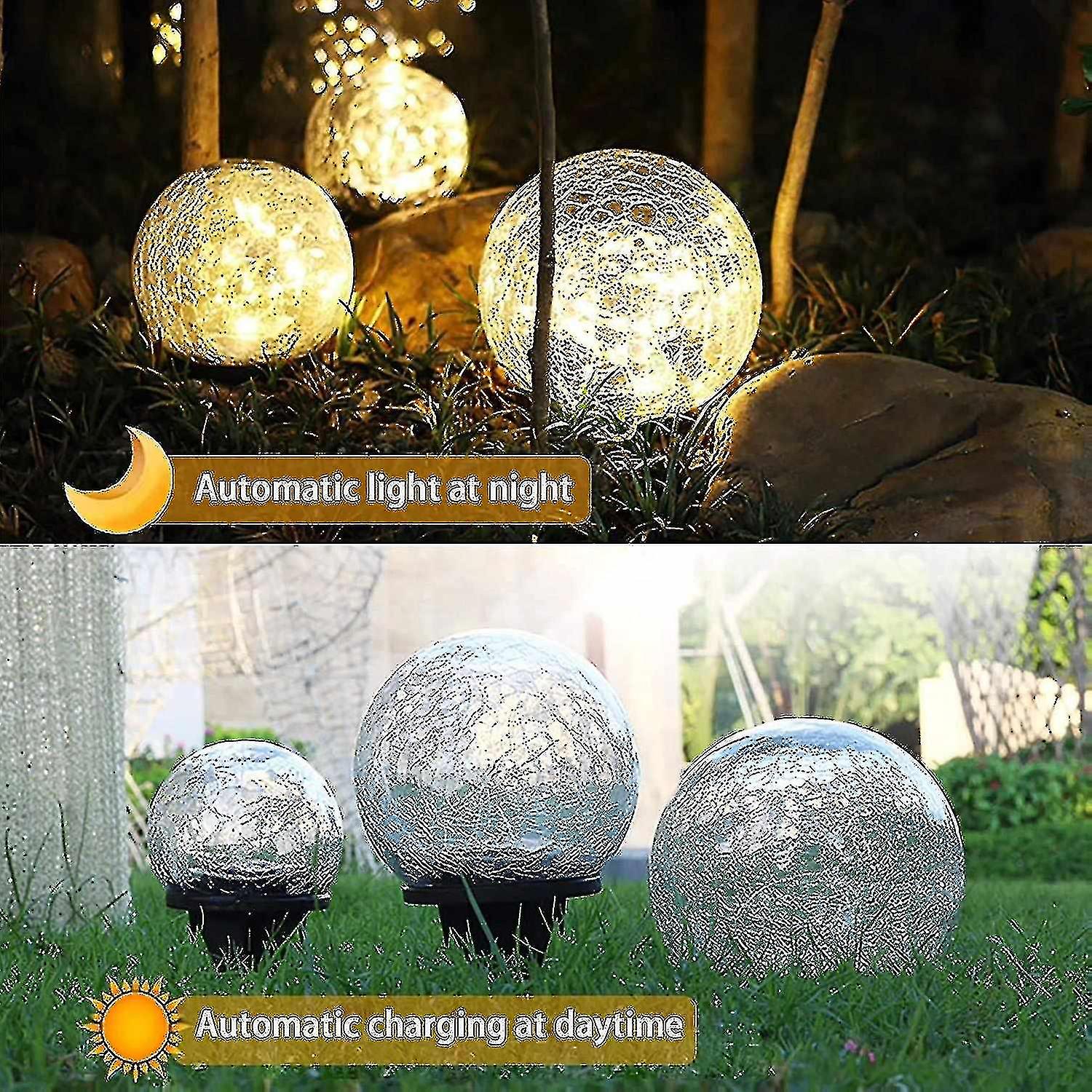 Solar Garden Lights Outdoor Cracked Glass Ball Waterproof Wireless Warm White Led Lamp