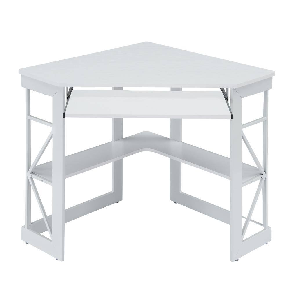 VECELO Corner Desk 29.5 in. W Triangle White Computer Desk Wooden Desk Sturdy Steel Frame Computer Desk with Keyboard Tray KHD-XJM-CD03-WHE