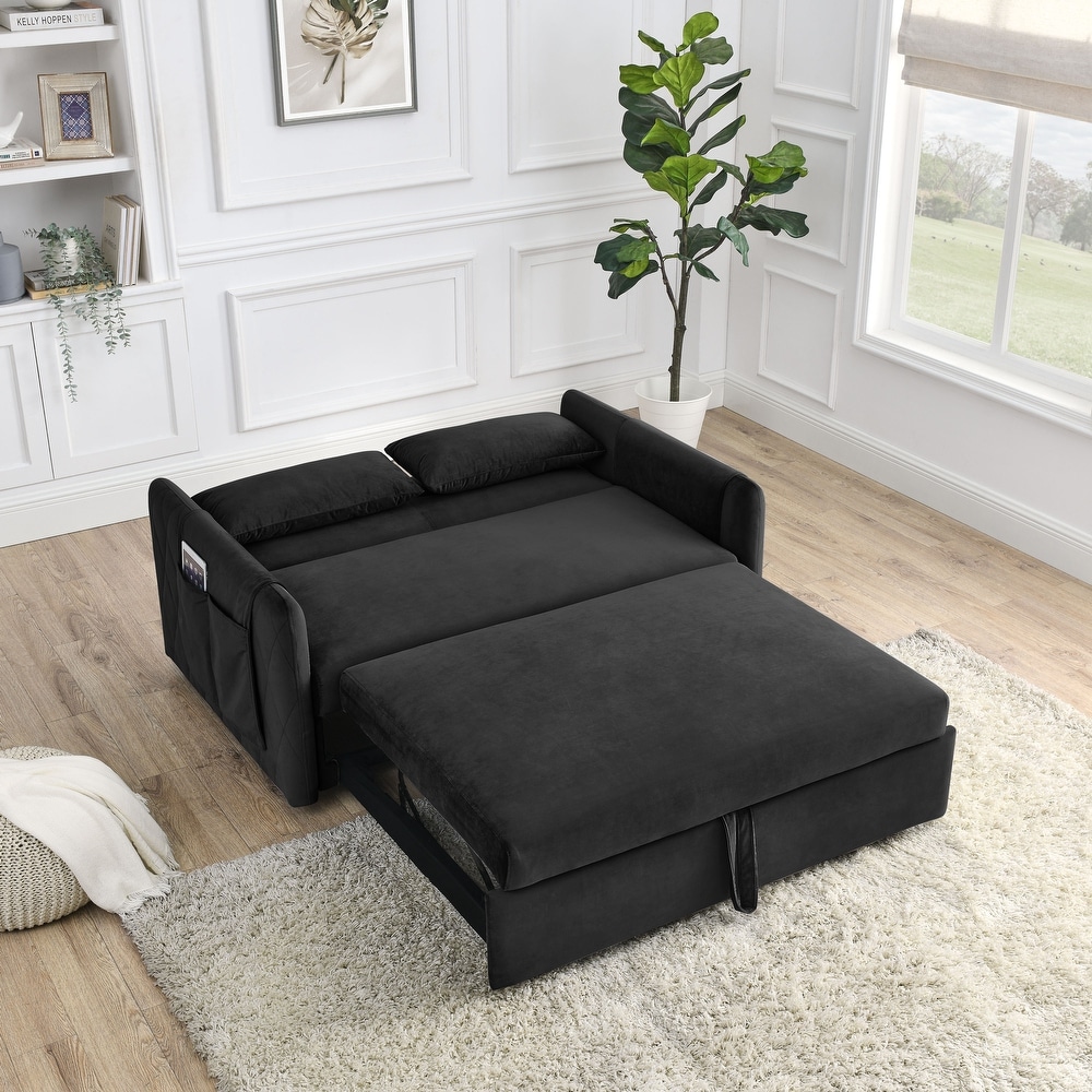 Velvet Convertible Sofa Bed with 2 Detachable Arm Pockets