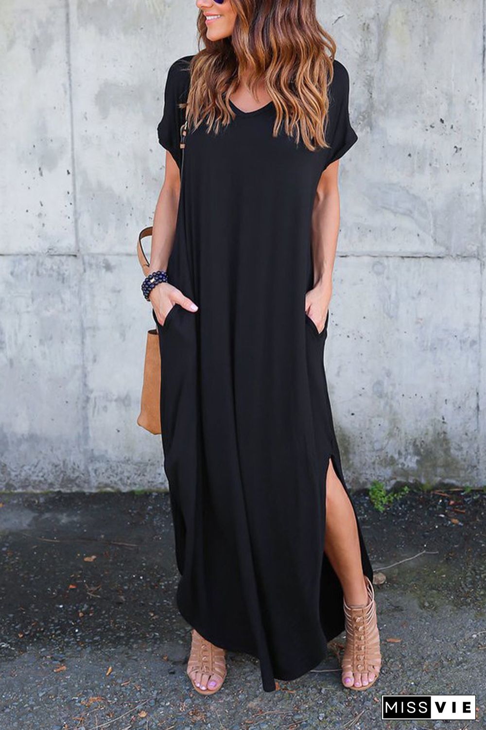 Black V Neck Split Maxi Dress