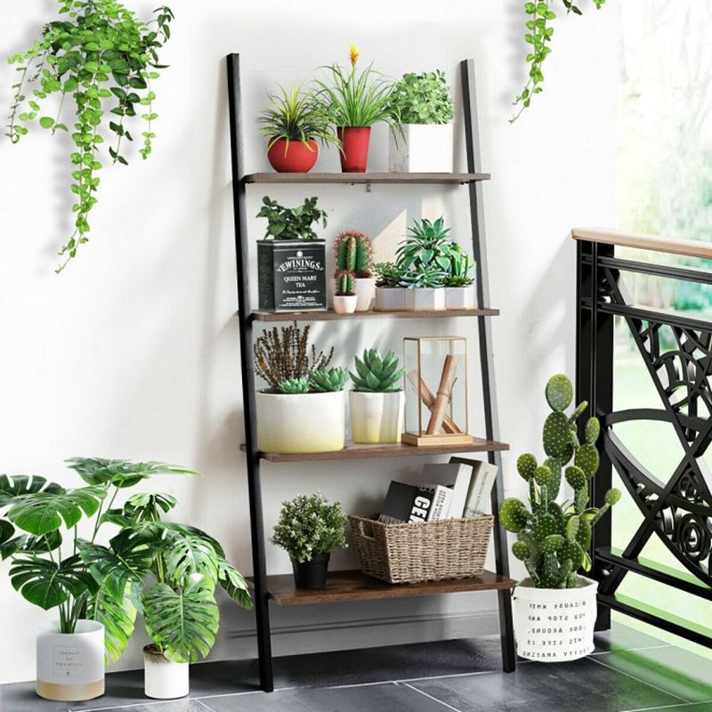 Hivago Multipurpose 4-Tier Industrial Leaning Wall Bookcase with Metal Frame