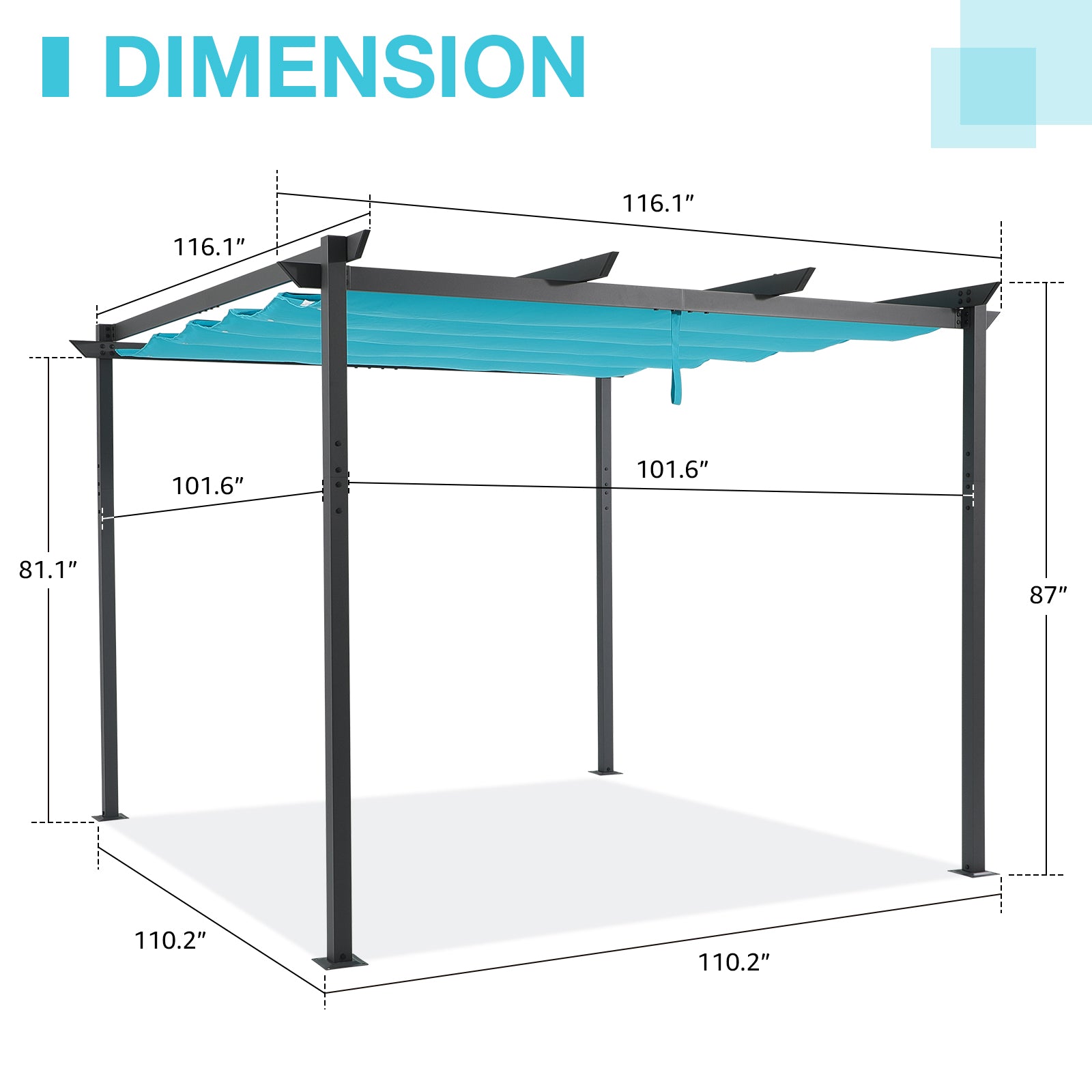 COBANA 10' x 10' Outdoor Pergola, Aluminum Patio Shade Shelter with Retractable Canopy for Garden, Porch, Backyard, Blue