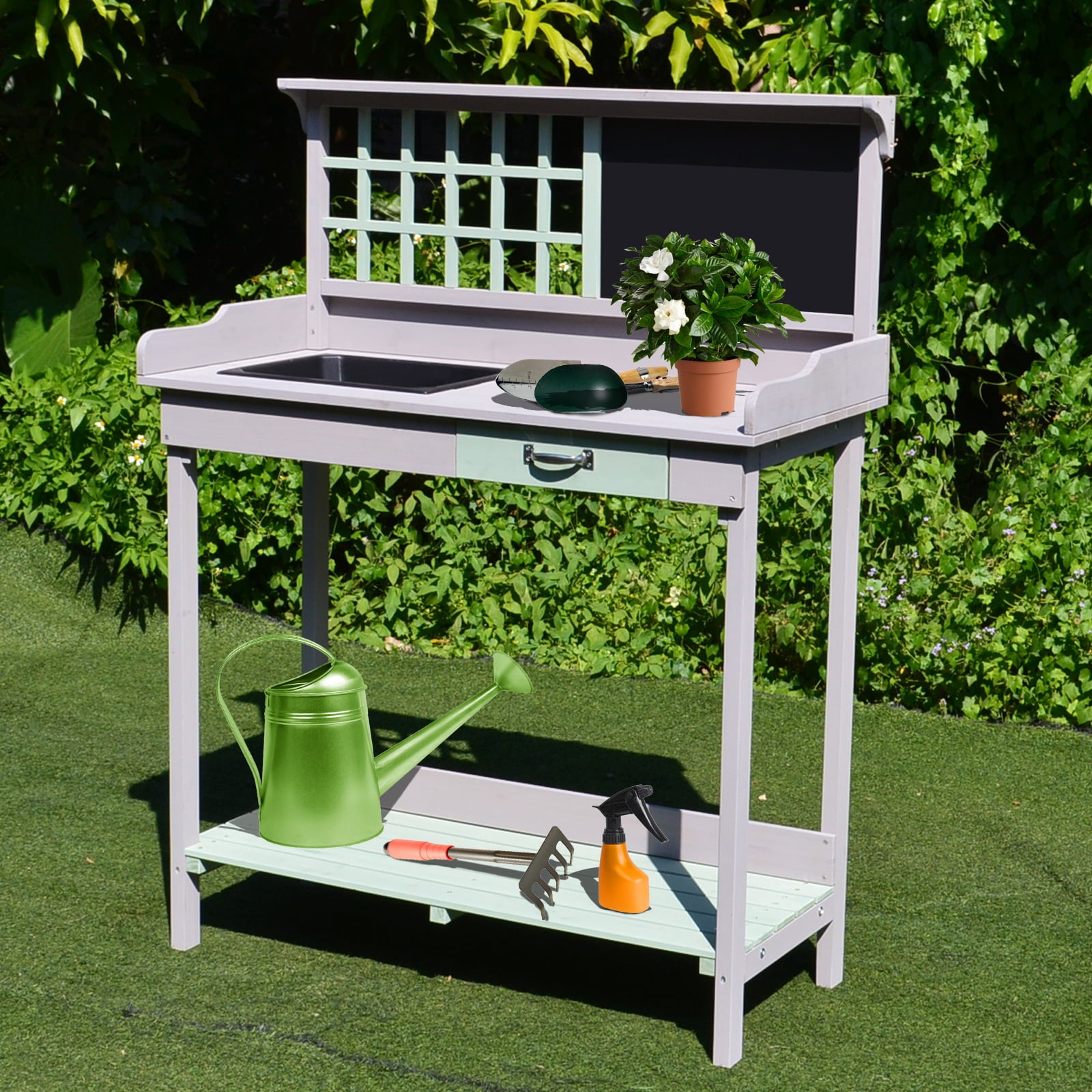 Outsunny Dark Gray and Light Blue Fir and Wood Potting Bench