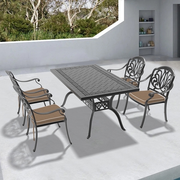 5/7Piece Cast Aluminum Outdoor Dining Set with 59.06'' L X 35.43'' W Rectangular Table and Random Color Seat Cushions