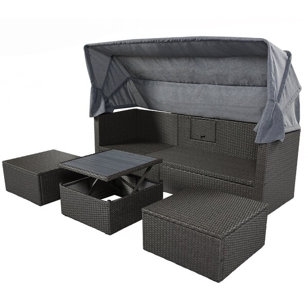 4Piece Outdoor Wicker Sectional Patio Daybed with Canopy and Ottoman