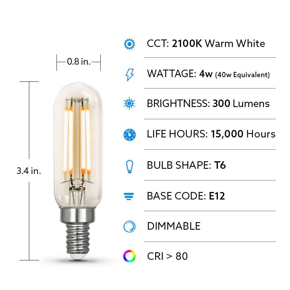 Feit Electric 40-Watt Equivalent T6 Dimmable Straight Filament Clear Glass E12 Candelabra Vintage LED Light Bulb Warm White (4-Pack) T640CLVGLEDHDRP4