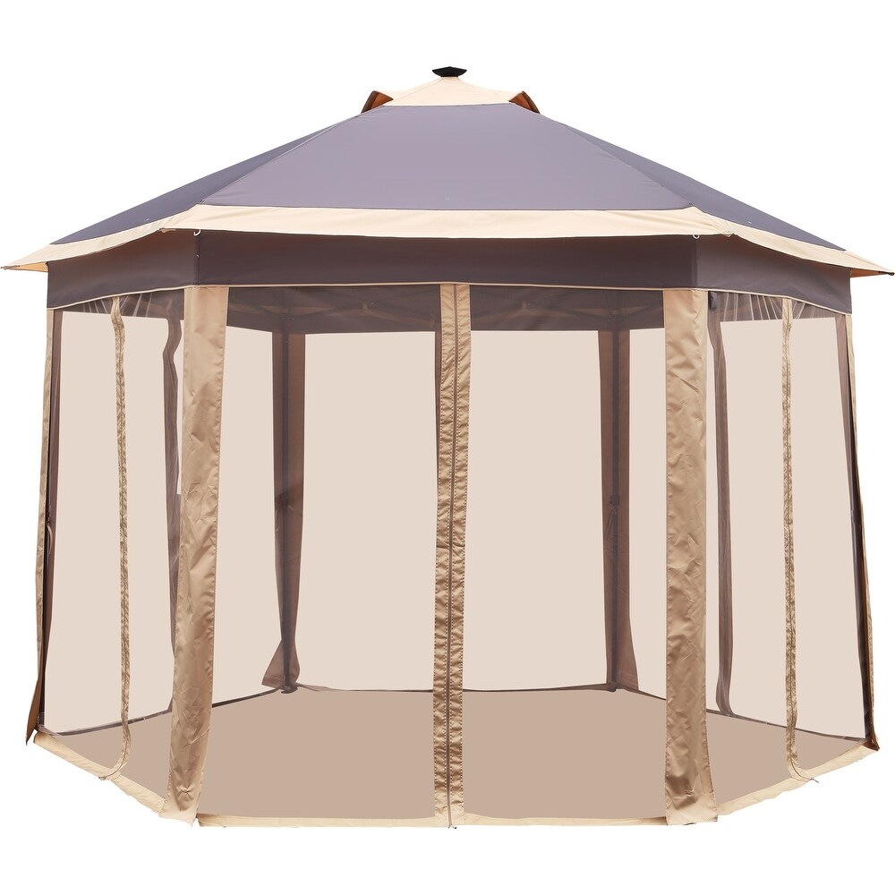 Outdoor Hexagonal Gazebo with Mosquito Net Center Light   6 LED Lights