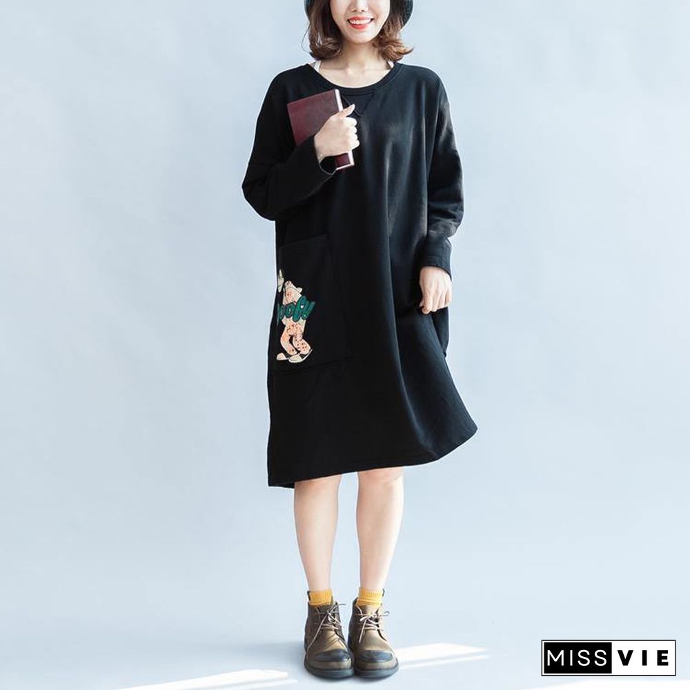 100% cotton black carton sweat dresses long sleeve cotton dresses oversized 146cm bust